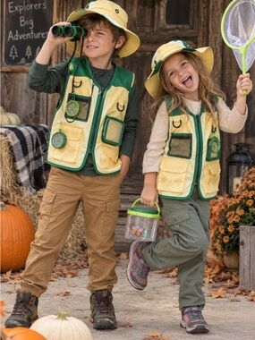 Kids Adventure Explorer Vest & Hat Set in Green and Yellow
